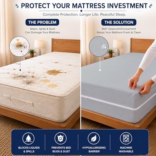 Image of ARLinen Waterproof Mattress Protector Cover Single Size with Zipper - 6 Sided Bed Bug Proof Encasement, Dustproof & Breathable Fabric, Fits 36x72x6 Inch Mattress, Silver