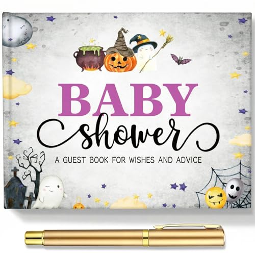 Image of Fuyoooo 27 Pcs Halloween Baby Shower Guest Book Baby Shower Sign in Guest Book Reception with Sonogram Page Keepsake Includes Gold Pen Table Card and Adhesive Photo Corner for Birthday