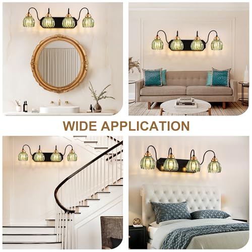 Image of Vintage Gold Bathroom Light Fixtures, 4 Light Green Tulip Crystal