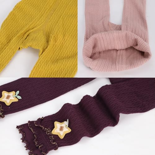 PAROLI Girls' cotton pantyhose double needle dual purpose crotch lace accessories with cute pattern bottom pantyhose（Pink Yellow Purple） size L2