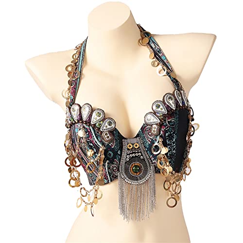 MQQYLBHDS Tribal Bellydance Clothing Coin Antique Gold Metallic Chain Tassels C/D Cup Belly Dance Coins Bra (Size : XL)