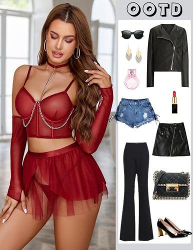 Image of SPLORR Lingerie Sets Removeable Chain Linked Halter Bustier Wirefree Lingerie Set with Skirt & Arm Sleeves & Thong Nightgown Babydoll Lingerie for Women Girl Female Maroon