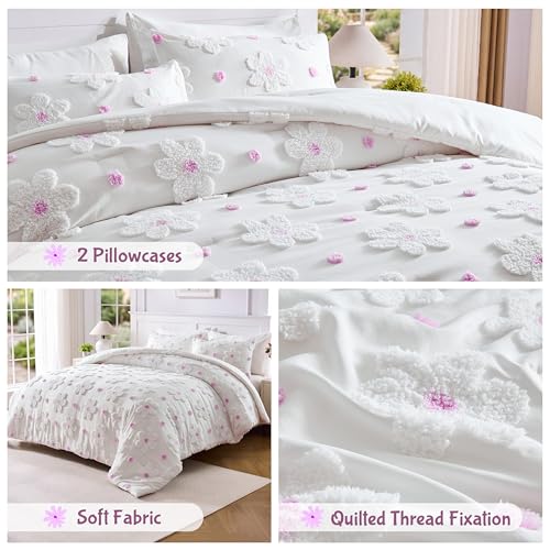 Image of Full Comforter Set for Girls Soft Pink Tufted Daisies Flowers Bedding Sets | CotComf 3 Pieces Full Size Floral Bedding Set for Girls Full Bed in A Bag Cute Comforter Bed Set for Kids Teen Girls Women