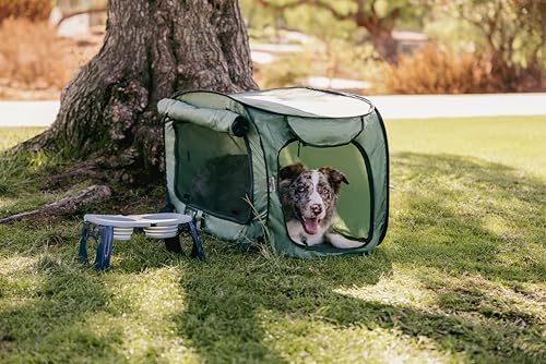 Image of SportPet Designs Soft-Sided Pop-Open Pet Kennel, Medium Portable Travel Crate for Cats & Dogs up to 50 lbs, Foldable Car Kennel with Seatbelt Straps & Washable Waterproof Pad, Green