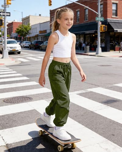 Image of Girls Parachute Cargo Pants Drawstring Waterproof Causal Hiking Pants for Girls Pockets Lightweight Running Joggers