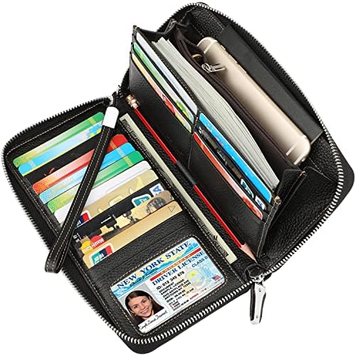 Lavemi Women&#39;s RFID Blocking 100% Leather Large Capacity Zip Around Wallet Phone Holder Clutch Travel Purse Wristlet