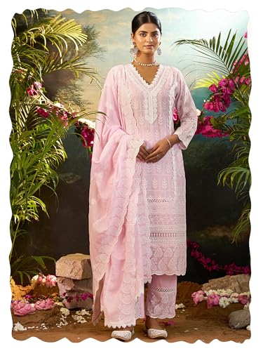 Image of INDO ERA Women's Straight Pure Cotton Ethnic Motifs Embroidered Kurta & Pant with Dupatta Set (IEOUT10190)
