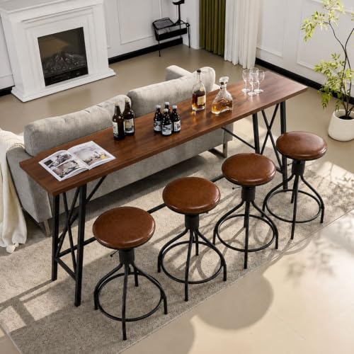 Karl home 83.8 Bar Table and Chairs Set 4 Adjustable PU Stools Brown