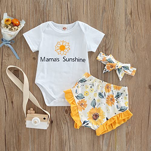 Image of Newborn Baby Girl Clothes Snap Cotton Bodysuit Floral Shorts Baby Headband Infant 3Pcs Outfits Summer Set