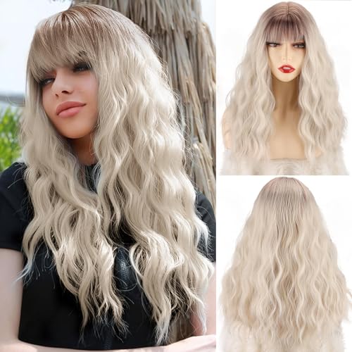 Xinran Long Blonde Wavy Wigs with Bangs Medium Length Wavy Ombre ...