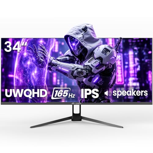 Image of CRUA 34 Inch 165Hz UWQHD IPS Ultrawide Gaming Monitor, Speakers, PIP /PBP | 3440x1440, 21:9, FreeSync, 120% sRGB, HDMI 2.0, DP 1.4, Tilt Stand, 75x75 Mount for FPS, Racing, Trading, Streaming, PC Work
