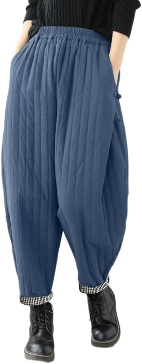 WROLEM Women Winter Warm Down Cotton Pants Thicker Padded Quilted Pants Relaxed Fit Wide Leg Trousers with Pockets