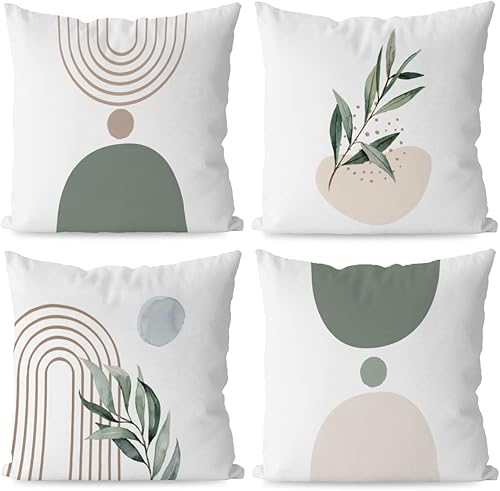 KEUSPI Fundas de almohada abstractas bohemias de color beige y verde con líneas geométricas y hojas botánicas de arcoíris, juego de 4 fundas de