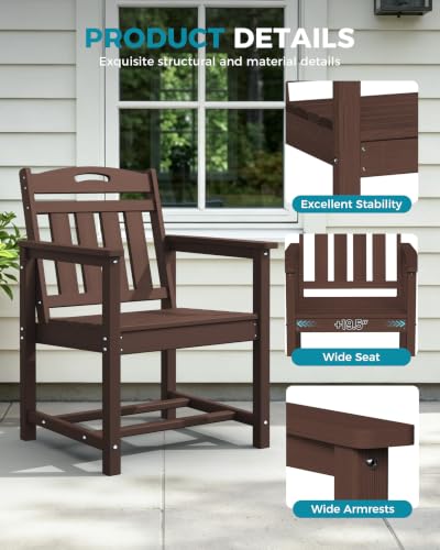 Image of Ciokea Outdoor Patio Dining Chair, HDPE Oversized Porch Chairs with Wide Seat, All-Weather Durable Heavy-Duty Outdoor Furniture for Backyard, Poolside, Lawn & Garden, Brown