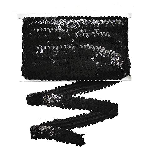 Gnognauq 10 Yards 1 inch Elastic Sequin Glitter Trim Spool String Metallic 3-Row Fabric Paillette Ribbon Trim for Wedding Dress Embellish Headband (Black)