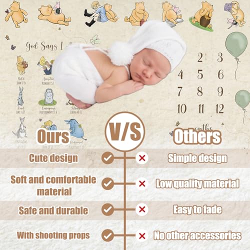 Image of Winnie Baby Milestone Blanket, God Says I am Bold Milestone Blanket, Winnie Newborn Month Blankets for Baby, with Double-Sided Printed Cardstock（16 Unforgettable Moments of Babies）