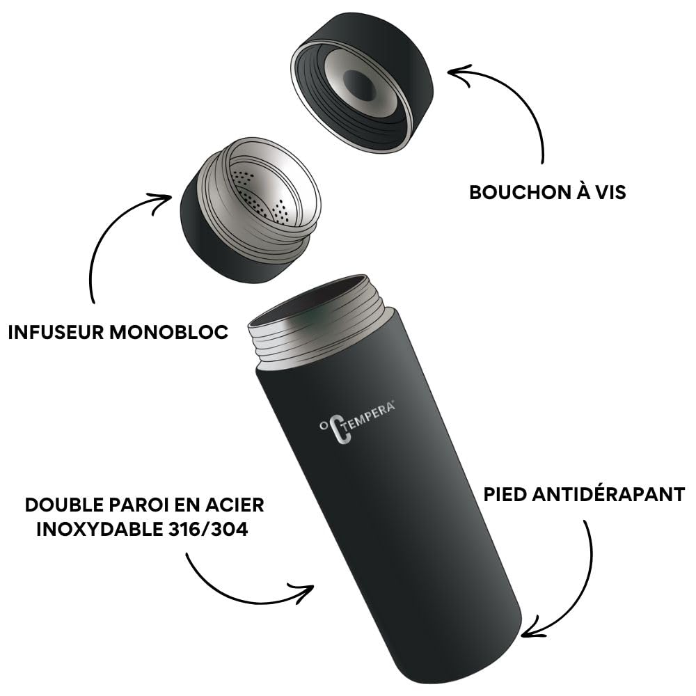 TEMPERA Bouteille Infuseur isotherme - 420ml | Double Paroi Acier inoxydable 316, Sans BPA | Filtre monobloc intégré | Étanche, Garde le chaud 8h, Froid 12h | Maté - Thé - Infusion