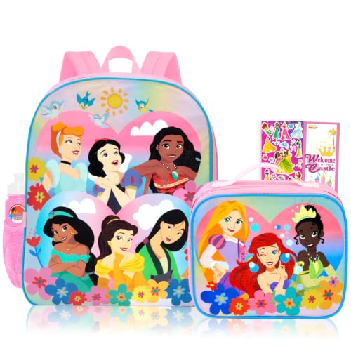 Disney Mochila Princesa com Conjunto de Lancheira – Pacote com Mochila e Lancheira com Ariel, Cinderela, Branca de Neve, Moana, Mais Adesivos Plus, Garrafa de Água | Mochila Escolar Princesa Disney