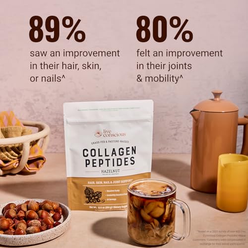 Image of Live Conscious Collagen Peptides Powder - Hazelnut Flavored Collagen Powder - Hair, Skin, Nail, & Joint Support - Type I & III Grass-Fed Collagen Supplements for Women and Men - 30 Serving - 12.4oz