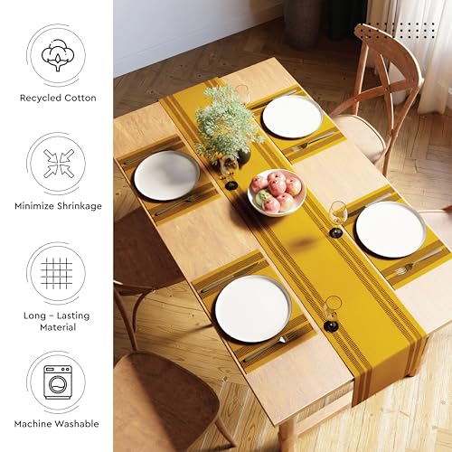 Image of Encasa XO Dining Table Runner for 4 to 6 Seater| Yarn Dyed Fine Ribbed Cotton | Size 32x304 cm | Ladder Yellow | Machine Washable
