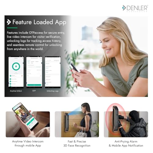 Image of Denler FL04v2 8-in-1 Smart Door Lock | 3D Face ID | Fingerprint | App Unlock | LCD Camera | Dual Battery | WiFi |RFID | PIN | Key | Android & iPhone App | 5 Years Warranty
