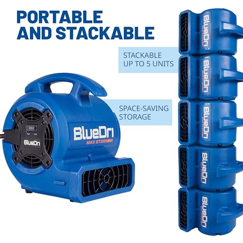Image of BlueDri Max Storm 15 1 /8 HP 600 CFM Mini Air Mover Blower Fan for Home or Commercial Use, Water Damage, Home Carpet and Floor Drying, Blue, MD-MS15
