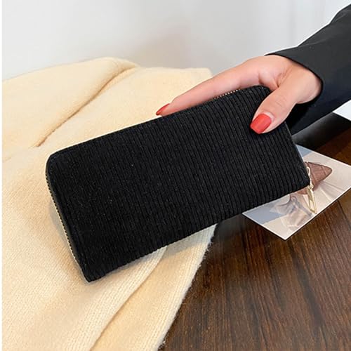 Women's Wallet Corduroy Zip Around Wallets for Women Ladies Wallet Clutch Credit Card Holder Long Wallet (Black)3