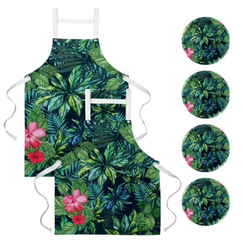 Lot de 2 tabliers de cuisine avec 4 broches à motif hibiscus