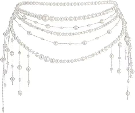 Multilayer Imitation Pearl Waist Chain for Women Trendy Waistband White Pearl Body Chain Long Tassel Pendant Waist Chain Wedding Bridal Dress Belt Fashion Trend Metal Chain Body Chain Jewelry