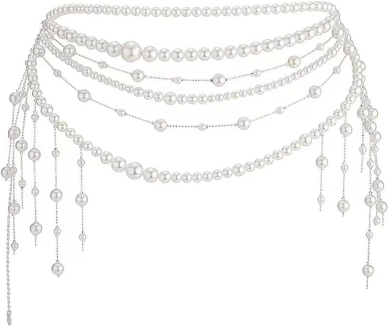 Multilayer Imitation Pearl Waist Chain for Women Trendy Waistband White Pearl Body Chain Long Tassel Pendant Waist Chain Wedding Bridal Dress Belt Fashion Trend Metal Chain Body Chain Jewelry