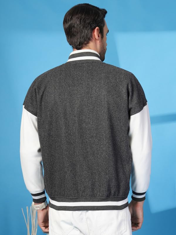 Image of CHKOKKO Men's Oversized Varsity Jacket with Snap Button Closure and Patch Design Trendy Comfortable Outerwear for College Travel and Casual Wear