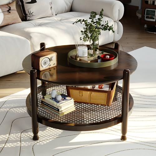 Image of NSdirect 32 inch Round Coffee Table for Living Room, 2-Tier Solid Wood Center Table for Home Decor with Boho Woven Rattan Storage Shelf | Modern Farmhouse Design, Easy Assembly, Black Brown