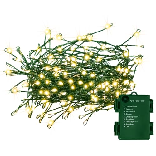 Battery Operated Christmas Cluster Lights, 20Ft 200 Micro Led Fairy Lights With 8 Modes And Auto Timer, Green Copper Wire For Indoor Outdoor Christmas Tree Wreath Garland Garden Party,Warm White