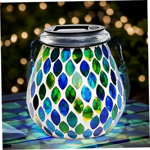 Linternas solares colgantes, linterna solar de mosaico Vidrio azul Linterna colgante IP44 luces al aire libre impermeables con cuerda para jardín, patio, mesa, patio, porche 4.3x10.2 pulgadas, luces