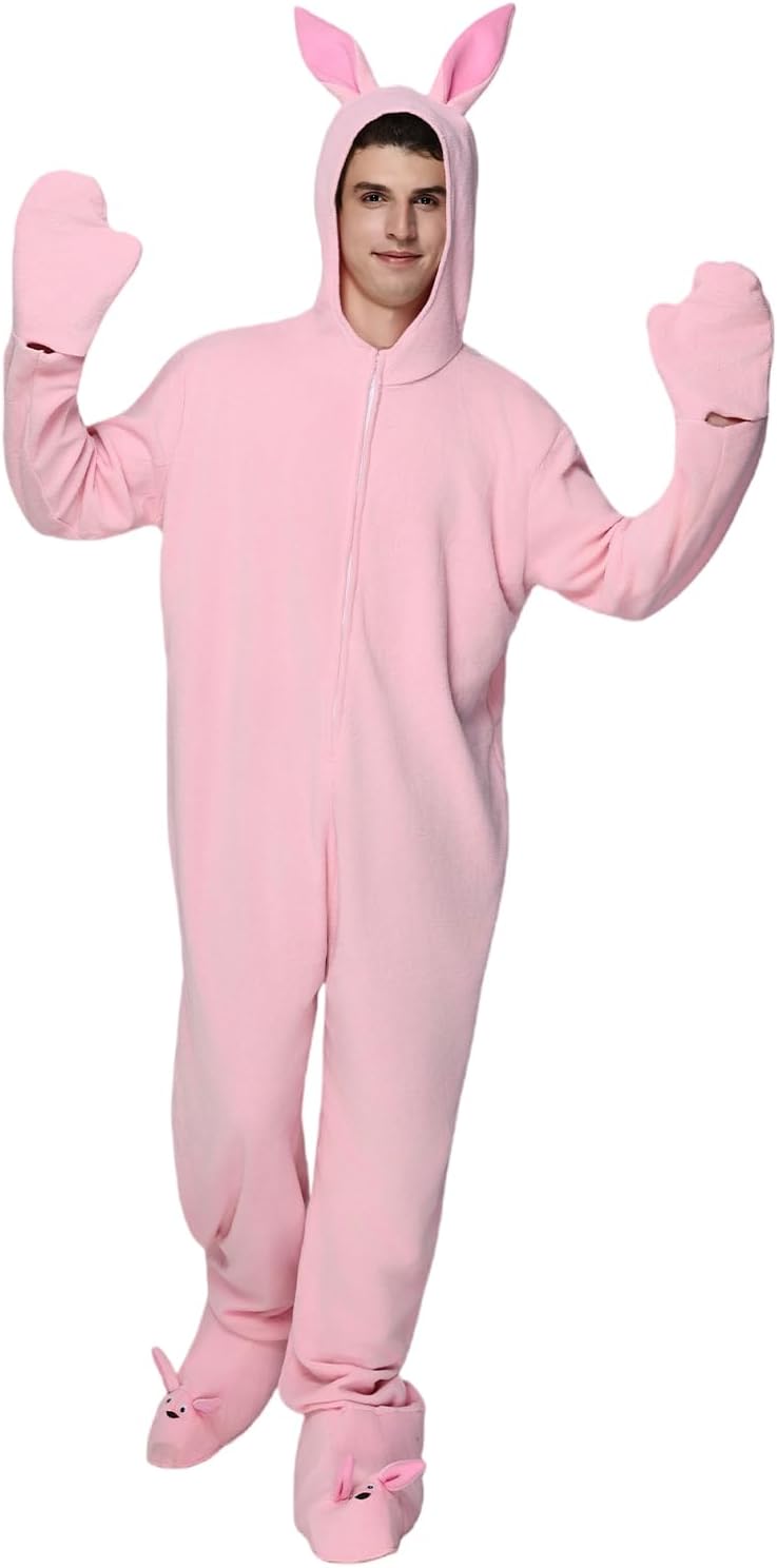 EraSpooky Mens Christmas Bunny Jumpsuit Adult Pink Bunny Hooded Pajama Costumes