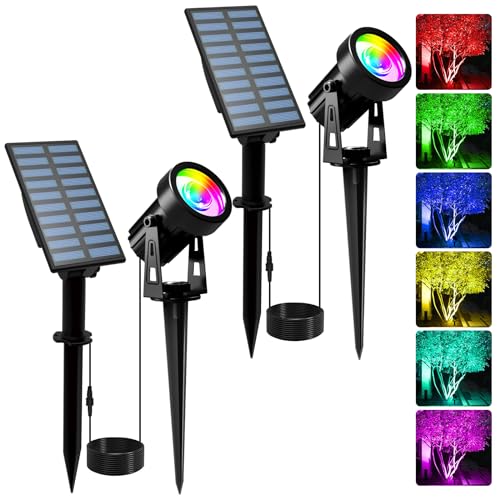 T-SUNUS Solar Gartenleuchte mehrfarbig, Gartenstrahler Solar RGB Gartenlampe für außen mit 6 Farbwechsel IP65 wasserdicht für Bäume Sträucher Gartenweg Wand 2 Stück
