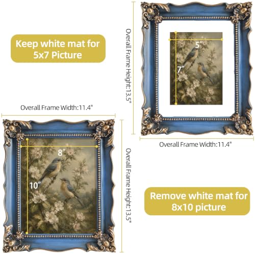 Image of Saysmile 8x10 Vintage Picture Frame with Embossed Flower Design, Green Ornate Frame for 8x10 or 5x7 Pictures with White Mat, Hand-Crafted Resin Antique Frames for Tabletop & Wall Hanging, Home Decor (Blue)