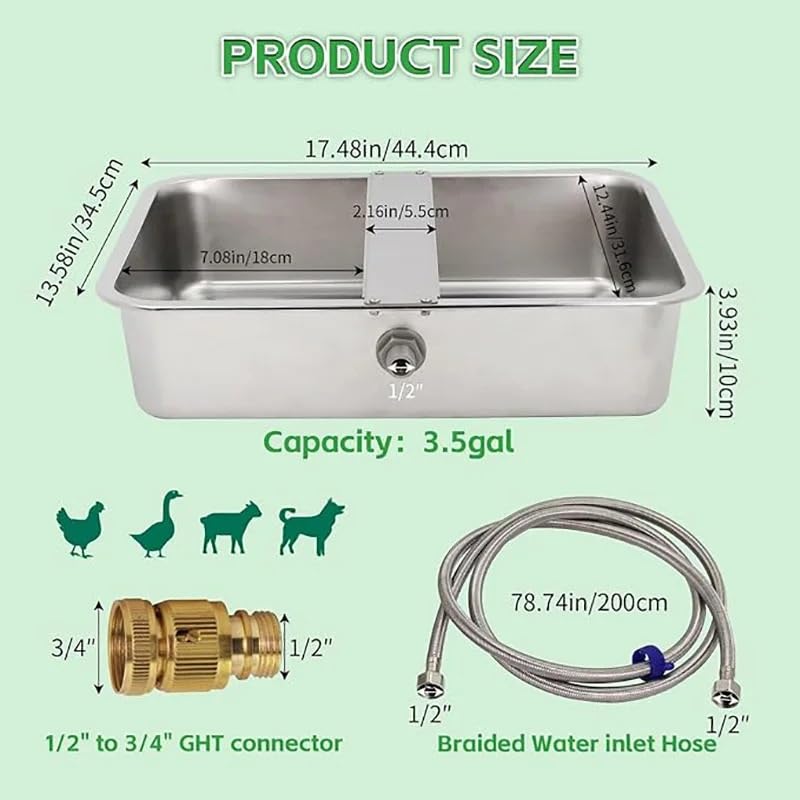 Cuenco de Agua for Perros, comedero automático de Agua de 13,5 l, Bebedero Grande de Acero Inoxidable for Mascotas, comedero de Agua for Animales de Ganado(Bowl with Hose Pad)