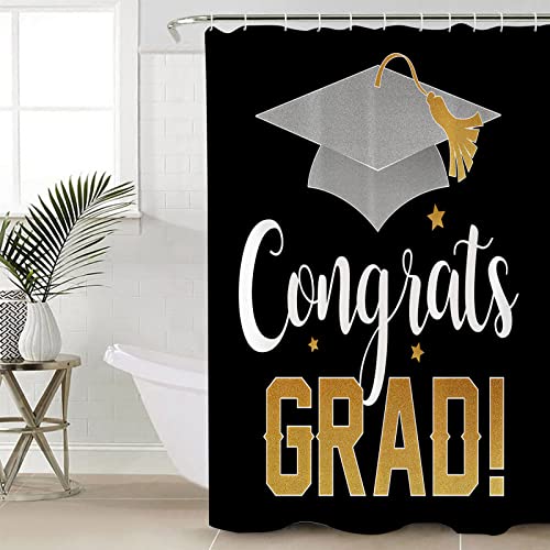 4 Pcs Shower Curtain Sets, Graduation Season Celebration Bachelor Cap Bathroom Decor Set Waterproof Shower Curtain 66" X 72" With 12 Hooks Non-Slip Bath Mat Toilet Lid Cover U-Shape Contour Rug #TOP4