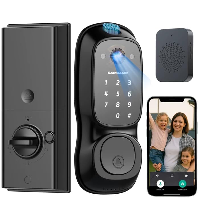 Camcamp Smart Door Lock,Fingerprint Keyless Entry Door Lock with Camera&Doorbell,Built-in Wi-Fi Deadbolt Smart Lock for Front Door,2-Way Audio,App Control,8Months Battery,Auto Locking,IP66Waterproof