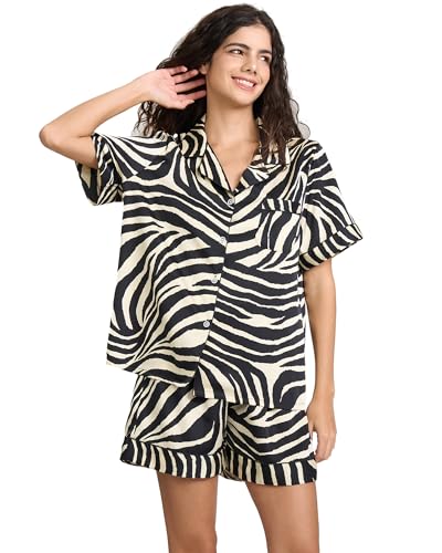 Image of YiNi LuLu Womens Silk Satin Shorts Pajamas Set Button Down 2 Piece Pjs Short Sleeve Oversized Sleepwear with Pockets