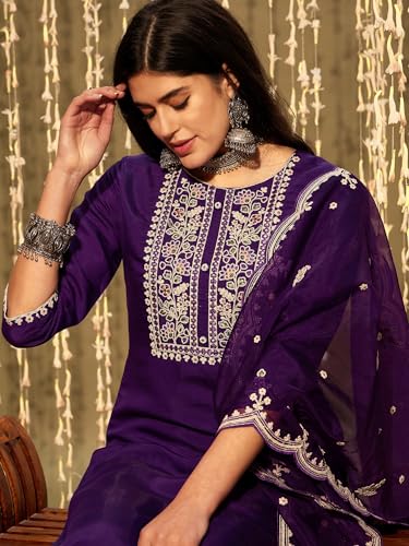 Image of INDO ERA Women's Silk Blend Embroidered Straight Kurta & Pant with Dupatta Set (SHUTR7630)