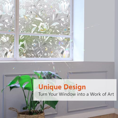 Zindoo Privacy Window Film 3D Window Sticker Static Non-Adhesive Window Covering Film Stained Glass Window Film Flowers Door Film Decorative 90cm x 200cm - Image 2