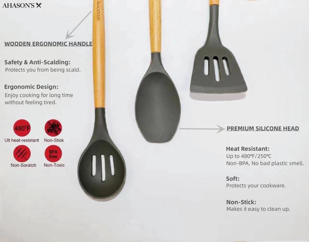 AHASON'S Set di utensili da cucina in silicone resistenti al calore da 230 °C a 230 °C, pinza, cucchiaio, spatola, pennello, frusta con supporto, utensili da cucina, set di utensili da cucina