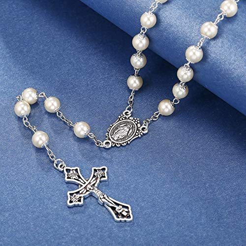Rnivida Catholic Pearl Beads Rosary Necklace Metal Beaded Miraculous Medal & Cross Rosary for Women2