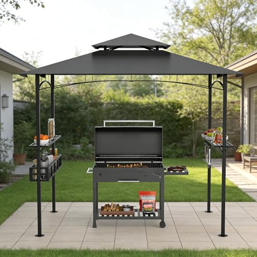 YEATHOR Grill Gazebo Canopy Outdoor Double Tiered BBQ Shelter with 2 Side Shelves Storage Basket and Hooks UV Protection Grill Shelter for Camping Garden Patio 2.4 x1.5 x 2.5 M Gray