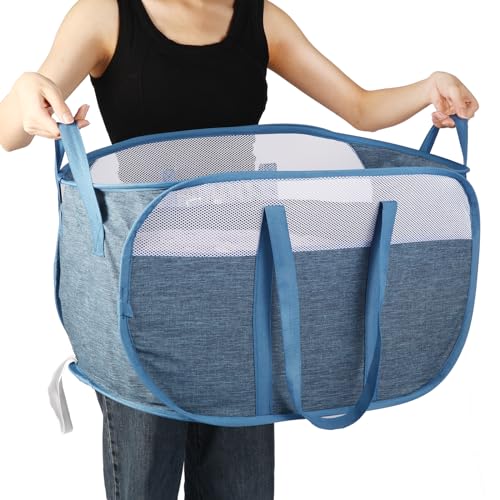 Image of Collapsible Laundry Baskets, Tear Proof Pop Up Laundry Hamper with Dual Handles, Durable Foldable Laundry Basket, Easy to Carry Laundry Hamper for Home, Laundry Room, Bedroom, Dorm, Travel Blue