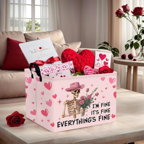 Image of Valentine's Day Basket Gift for Empty Cute Heart Large Storage Bin for Kid and Baby Room Decor (Pink Rose Skull Heart)