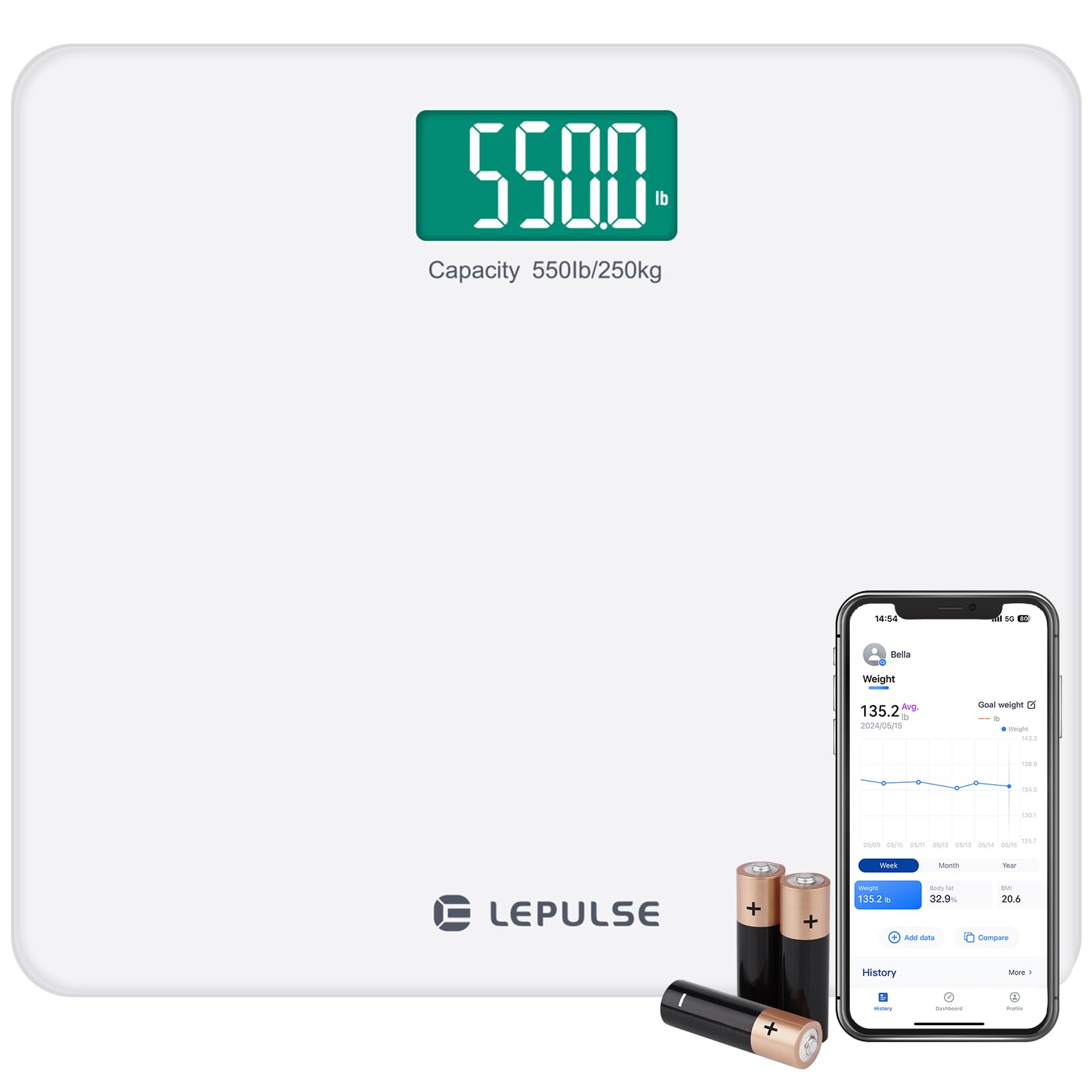 LepulseScale for Body Weight 550lbs Extra-High Capacity Digital Bathroom Scale, High Accurate Weight Scale, Bluetooth BMI Smart Scale with Extra-Wide Platform