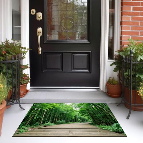 Tapis lavable vert olive à poils courts motif forêt dense antidérapant - 5